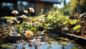 ai generado hermosa flor florecer en tranquilo estanque refleja luz de sol generado por ai foto