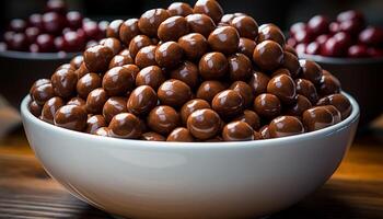 AI generated Chocolate dessert in a bowl on wooden table generated by AI photo