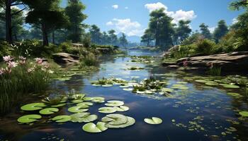 AI generated Tranquil scene of a green pond in nature generated by AI photo