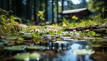 AI generated Tranquil scene of green plant reflects in pond generated by AI photo