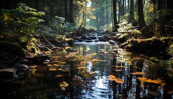 AI generated Tranquil scene of autumn forest reflects in pond generated by AI photo