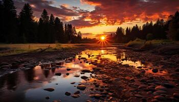 AI generated Tranquil sunset reflects vibrant beauty in nature generated by AI photo