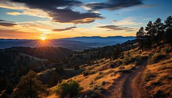 ai generado puesta de sol terminado montaña rango, naturaleza belleza en oscuridad generado por ai foto