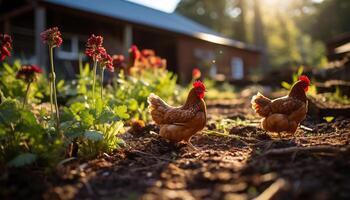 AI generated Chickens roam freely in the green meadow generated by AI photo