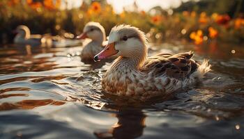AI generated Cute duckling in pond, surrounded by nature generated by AI photo