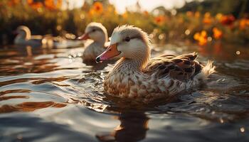 ai generado linda anadón en estanque, rodeado por naturaleza generado por ai foto