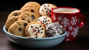 ai generado hecho en casa chocolate chip galletas en de madera mesa generado por ai foto