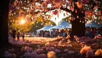 AI generated Nighttime celebration under a glowing tree in nature generated by AI photo