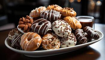 AI generated Gourmet dessert, chocolate donut on wooden table generated by AI photo