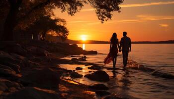 ai generado joven Pareja disfrutando puesta de sol juntos en naturaleza generado por ai foto