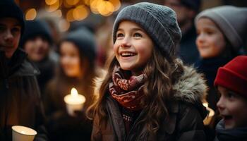 ai generado sonriente mujer en calentar ropa disfrutar invierno al aire libre generado por ai foto