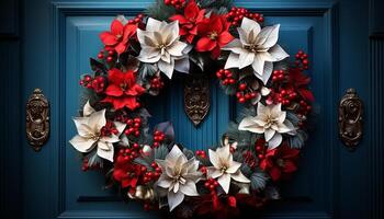 ai generado de madera puerta adornado con guirnalda y flor de pascua generado por ai foto