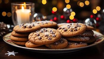 ai generado hecho en casa chocolate chip galletas en rústico de madera mesa generado por ai foto