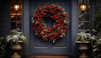 AI generated Winter decoration, evergreen wreath on front door generated by AI photo