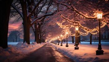 AI generated Snow covered tree illuminated by lantern on winter night generated by AI photo