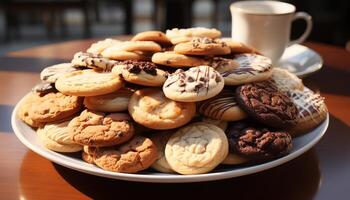 AI generated Stack of homemade chocolate chip cookies on wooden table generated by AI photo