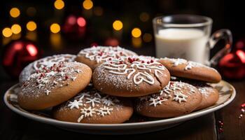 AI generated Homemade cookie on rustic wood table, Christmas decoration generated by AI photo