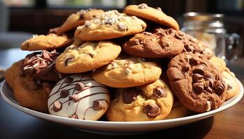 ai generado hecho en casa chocolate chip galletas en de madera mesa generado por ai foto