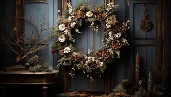 AI generated Winter wreath hanging on old wooden door generated by AI photo