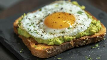 AI generated A Macro Photo of Toast Adorned with Guacamole and a Perfectly Fried Egg, Intended for the Tempting Display on a Restaurant Menu.