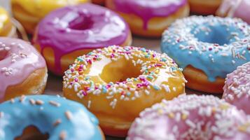 AI generated A Close-Up View of Donuts Featuring Multicolored Glazes, Showcasing the Tempting and Vibrant Array of Flavors. photo