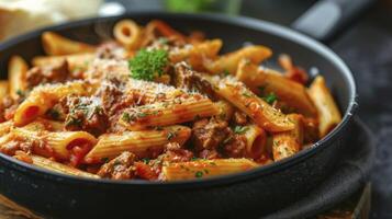 AI generated Close-up Macro Photo of Beef Penne Pasta in Tomato Sauce, Presented in a Black Pan