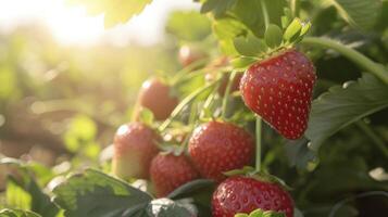 AI generated A Close-Up Capture of Ripe Strawberries Basking in Sunlight, Their Luscious Red Hue Signaling Readiness for Harvest. photo