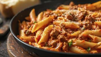 AI generated Close-up Macro Photo of Beef Penne Pasta in Tomato Sauce, Presented in a Black Pan