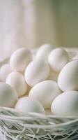 AI generated A Basket Brimming with Fresh White Eggs, Capturing the Essence of Farm-Fresh Simplicity and Culinary Potential. photo