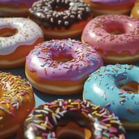 AI generated A Close-Up View of Donuts Featuring Multicolored Glazes, Showcasing the Tempting and Vibrant Array of Flavors. photo
