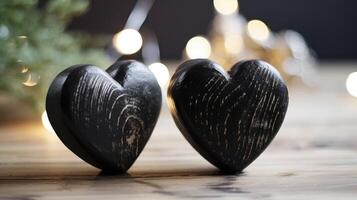 AI generated A couple of black hearts sitting on top of a wooden table photo