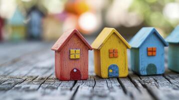 AI generated colorful wooden house models on a wooden table photo