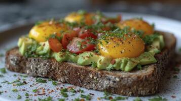 AI generated A Close-Up Shot Capturing the Delightful and Beautifully Plated Vegan Avocado Toast, Showcasing its Appetizing Details. photo