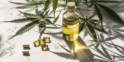 AI generated A Glass Bottle of CBD Oil, Accentuated by Hemp Leaves and Capsules, Bathed in Sunlight. photo