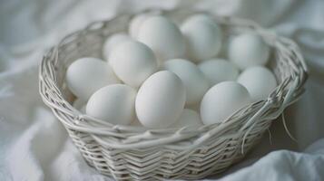 ai generado un cesta rebosante con Fresco blanco huevos, capturar el esencia de granja fresca sencillez y culinario potencial. foto