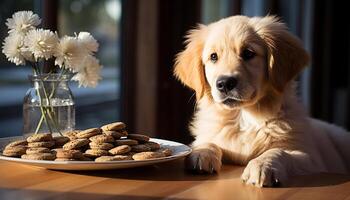 ai generado linda perrito sentado en mesa, mirando a cámara generado por ai foto