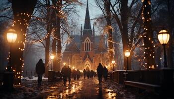 ai generado invierno noche, iluminado catedral, espiritualidad en el nieve generado por ai foto