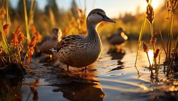 AI generated Duckling standing in grass near pond at sunset generated by AI photo