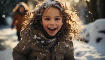 ai generado sonriente niña jugando en el Nevado al aire libre generado por ai foto