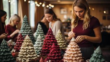 ai generado mujer decorando Navidad árbol, sonriente y mirando alegre generado por ai foto