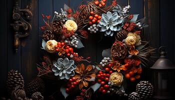 AI generated Winter wreath on wooden door, celebrating Christmas season generated by AI photo