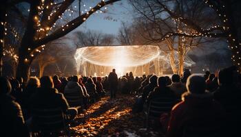 AI generated Crowd celebrates winter outdoors, illuminated by bonfire generated by AI photo