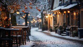 AI generated Winter night, snow outdoors, table, tree, illuminated lantern generated by AI photo