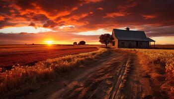 ai generado tranquilo puesta de sol terminado rural granja, naturaleza belleza generado por ai foto