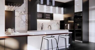 The modern black and white kitchen is not only a functional workspace but also a visual delight, where form and function harmoniously coexist. It is a testament to the beauty of simplicity photo