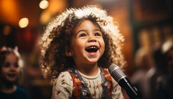 ai generado sonriente muchachas cantando, alegre Niños jugando en etapa generado por ai foto