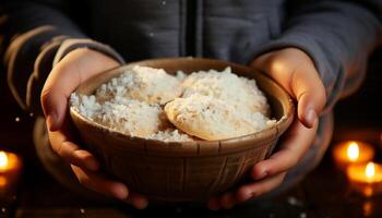 ai generado mano participación cuenco de al vapor arroz, sano comida generado por ai foto