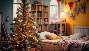 ai generado cómodo hogar interior con iluminado Navidad árbol decoración generado por ai foto