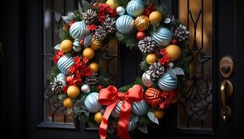 ai generado Navidad árbol ornamento colgando en rústico de madera puerta generado por ai foto