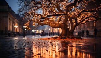 AI generated City life illuminated by street lights at dusk generated by AI photo